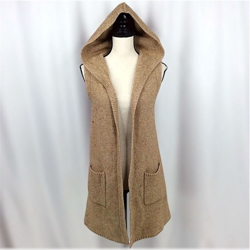 Tahari Wool Blend Hooded Duster Cardigan Sweater Vest in Caramel, Women’s Medium